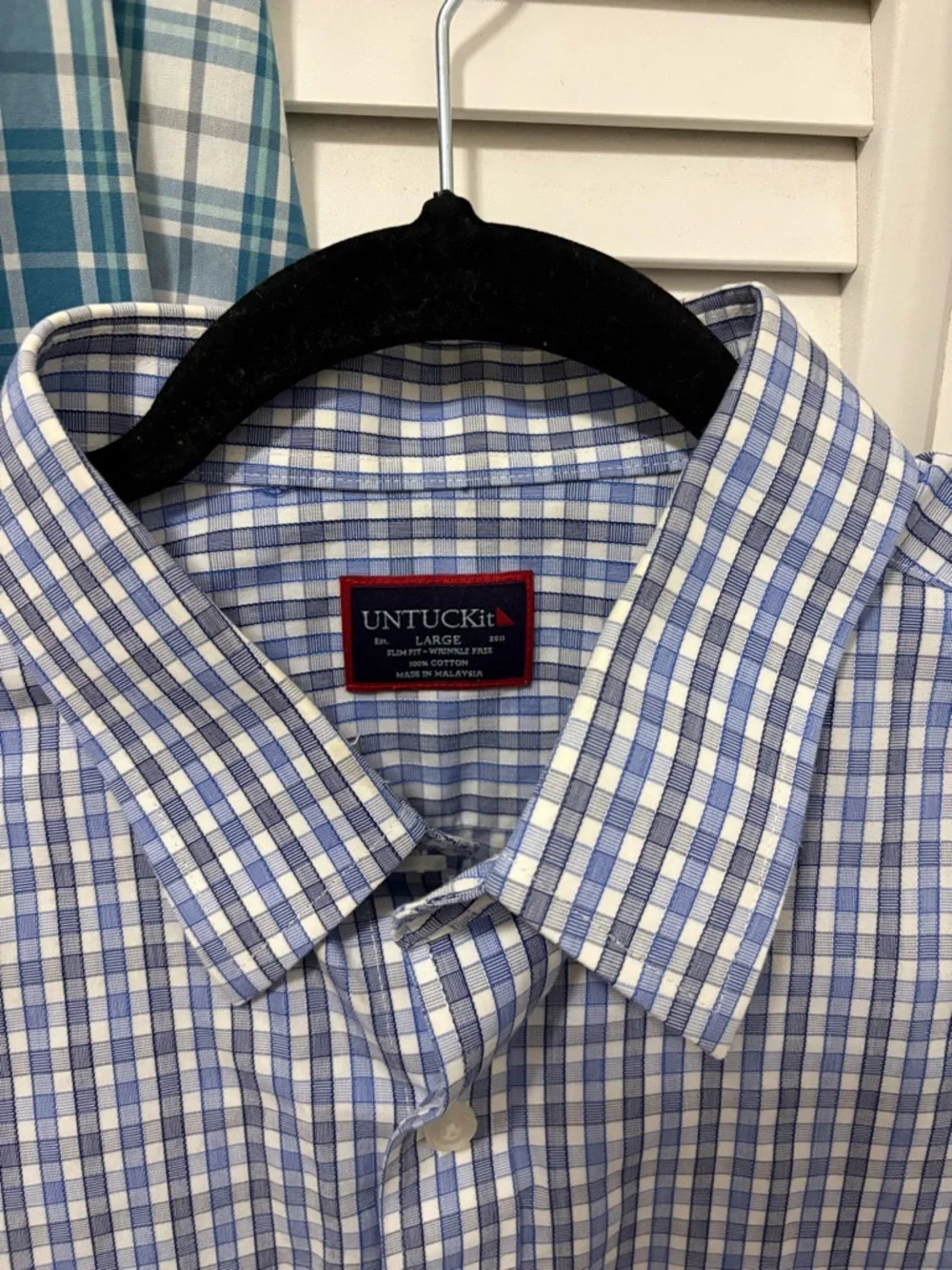 UNTUCKit Teal Plaid & Light Blue Check Men’s Button-Down Shirts (Pair) - Picture 3 of 5